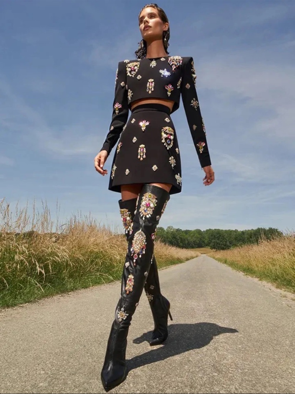 Black Bejeweled Embellished Two-Piece Set